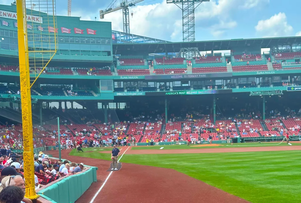 View of home plate from the rightfield foul pole (Pesky's Pole) at Fenway Park in Boston, Massachusetts.