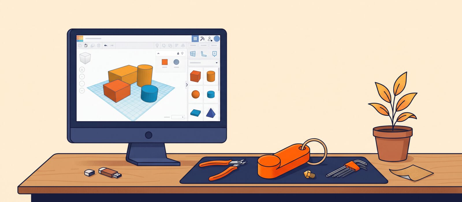 Illustration of a desk set up for designing 3D models on a computer.