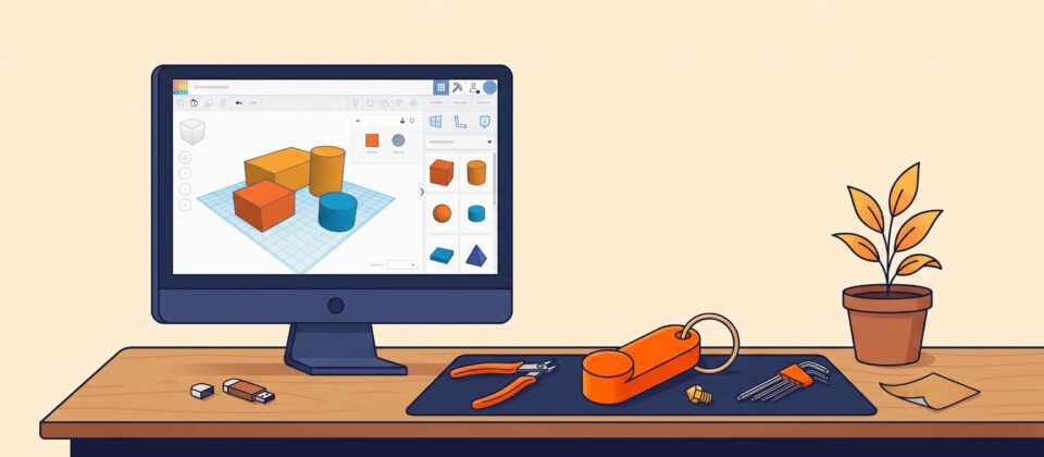 Illustration of a desk set up for designing 3D models on a computer.