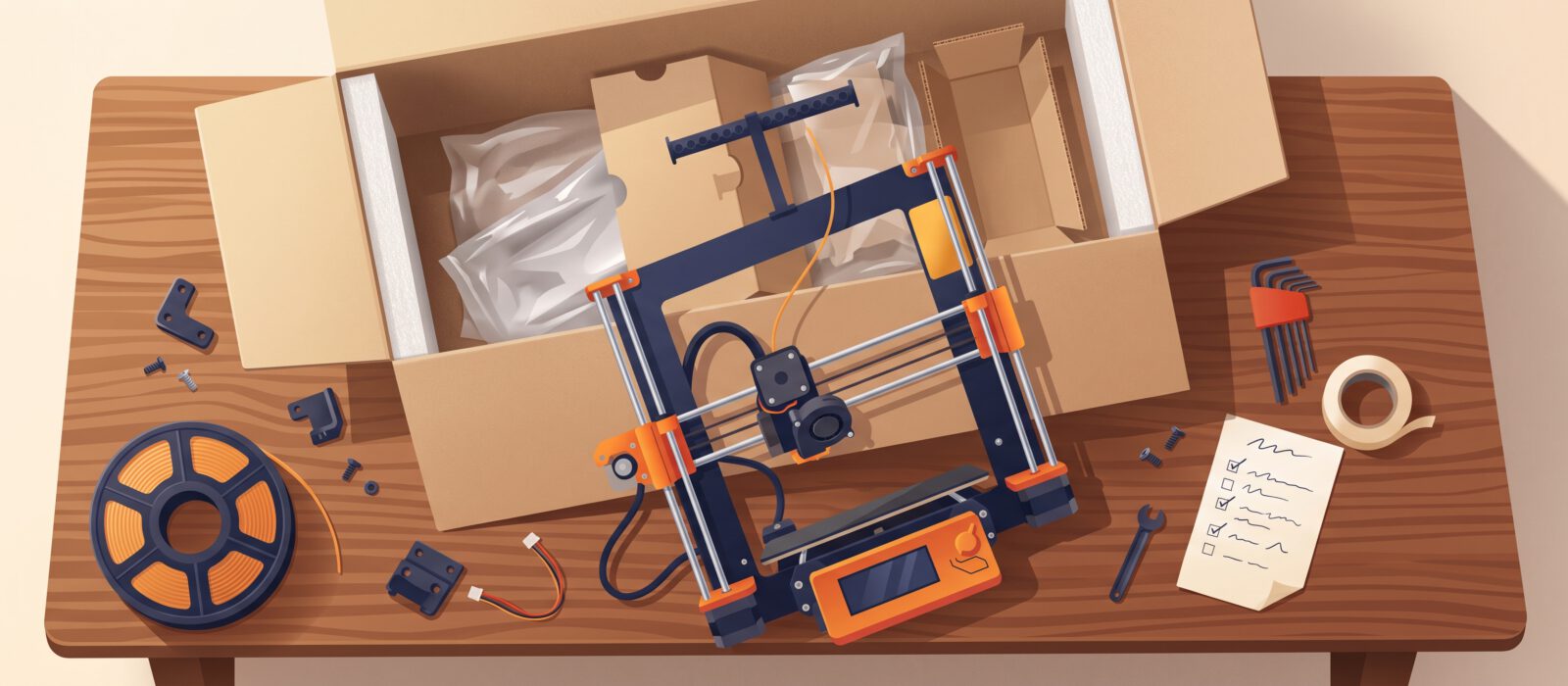 Illustration of a new 3D printer being assembled and set up on a workbench.