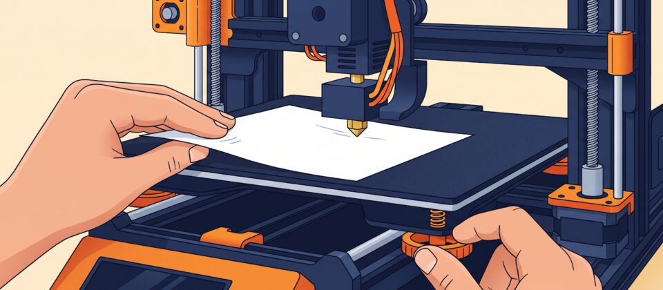 Illustration of a 3D printer bed being leveled with the nozzle close to the build plate.