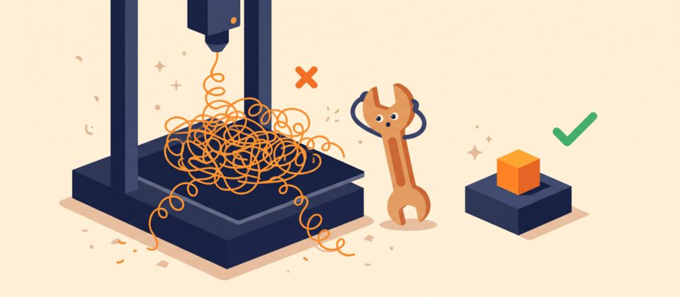 Illustration comparing a failed, messy 3D print with a clean, successful print.