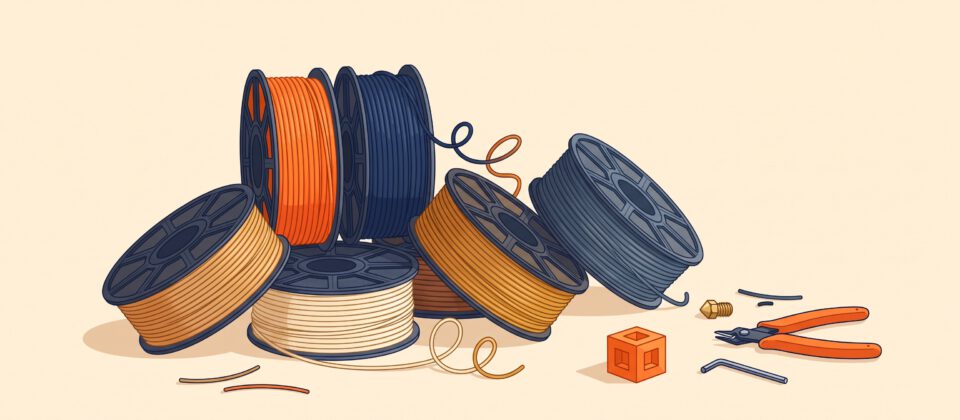Illustration of colorful spools of 3D printer filament with tools.