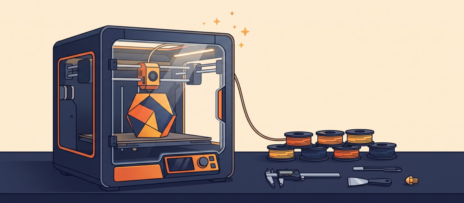 Illustration of an enclosed 3D printer printing a faceted shape, with filament spools and tools on the table.