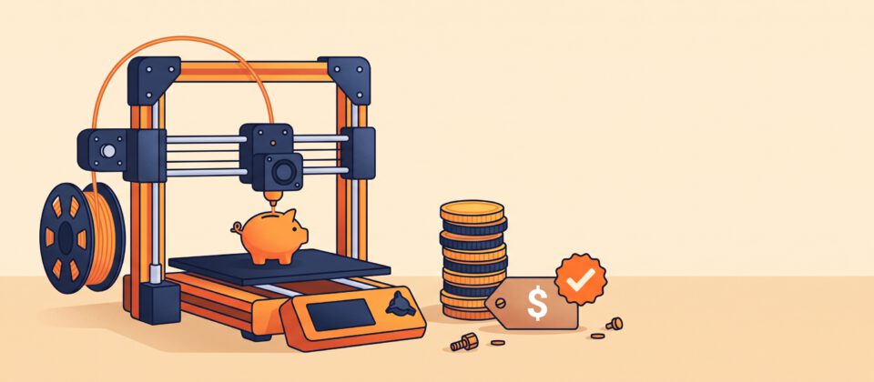 Illustration of a budget 3D printer with a piggy bank and stacks of coins.