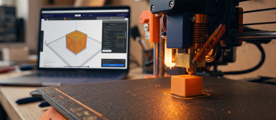 Illustration of a 3D printer printing a small cube for a first print.