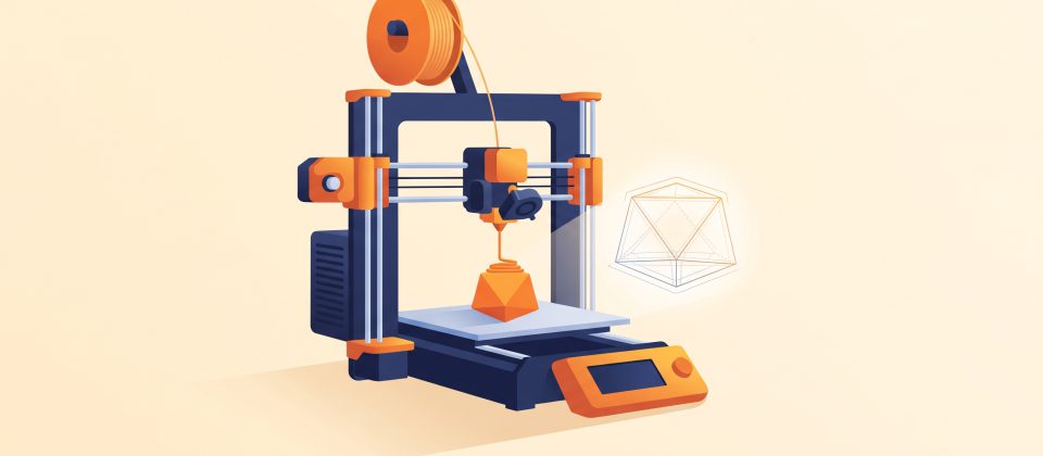 Illustration of a 3D printer building an object layer by layer, representing how 3D printing works.