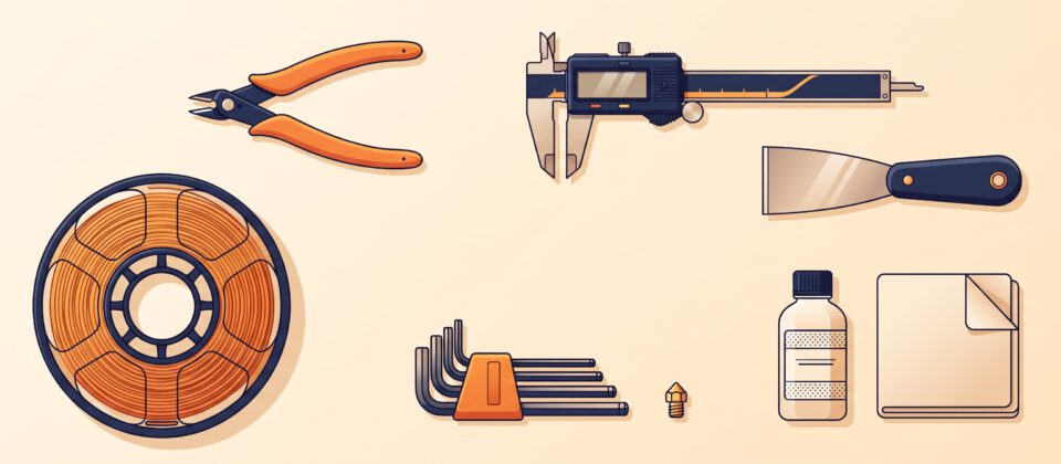 Illustration of 3D printing tools and accessories such as a scraper, cutters and calipers.