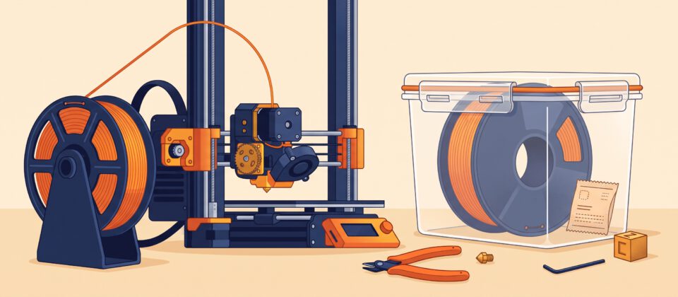 Illustration of a 3D printer with spools of filament and tools beside it.