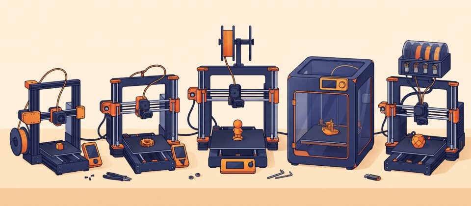 Illustration of a lineup of five beginner-friendly 3D printers side by side.
