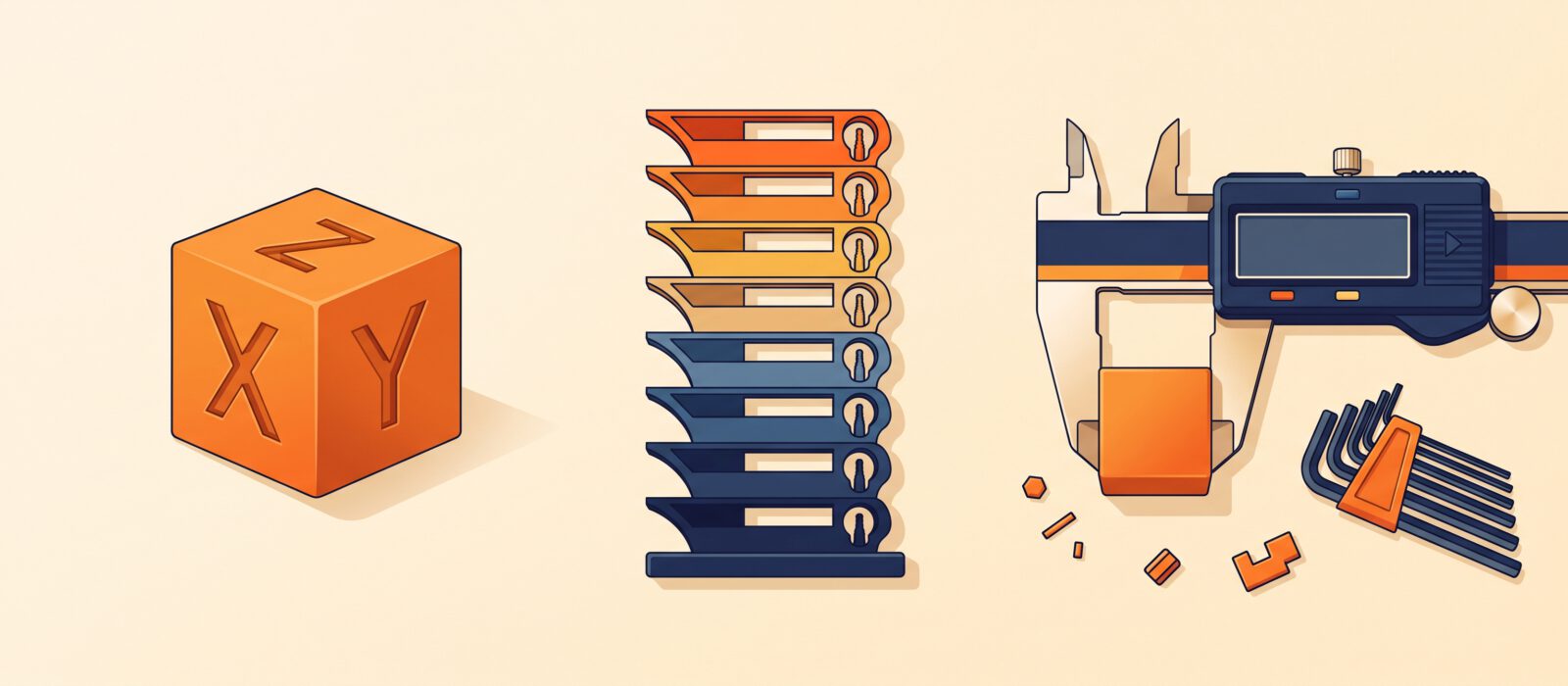 Illustration of calibration tools including calipers and a test cube next to a 3D printer.