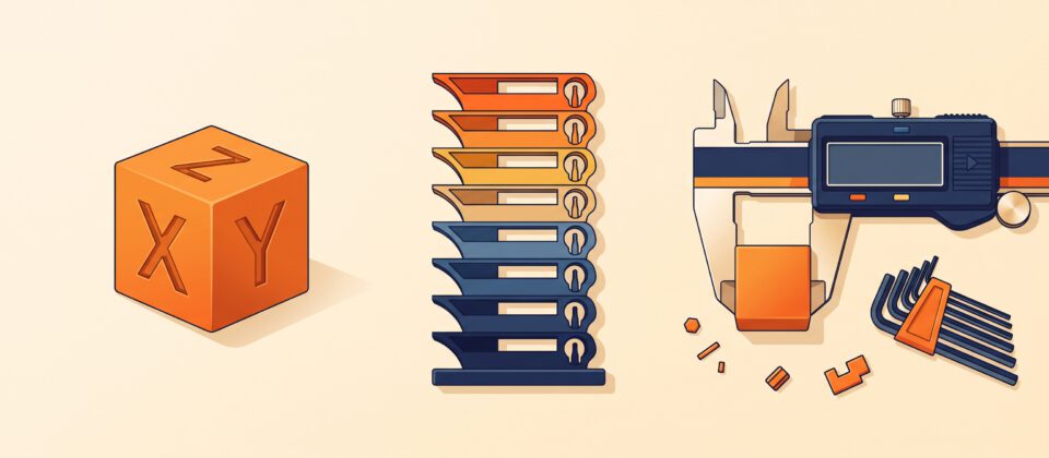 Illustration of calibration tools including calipers and a test cube next to a 3D printer.
