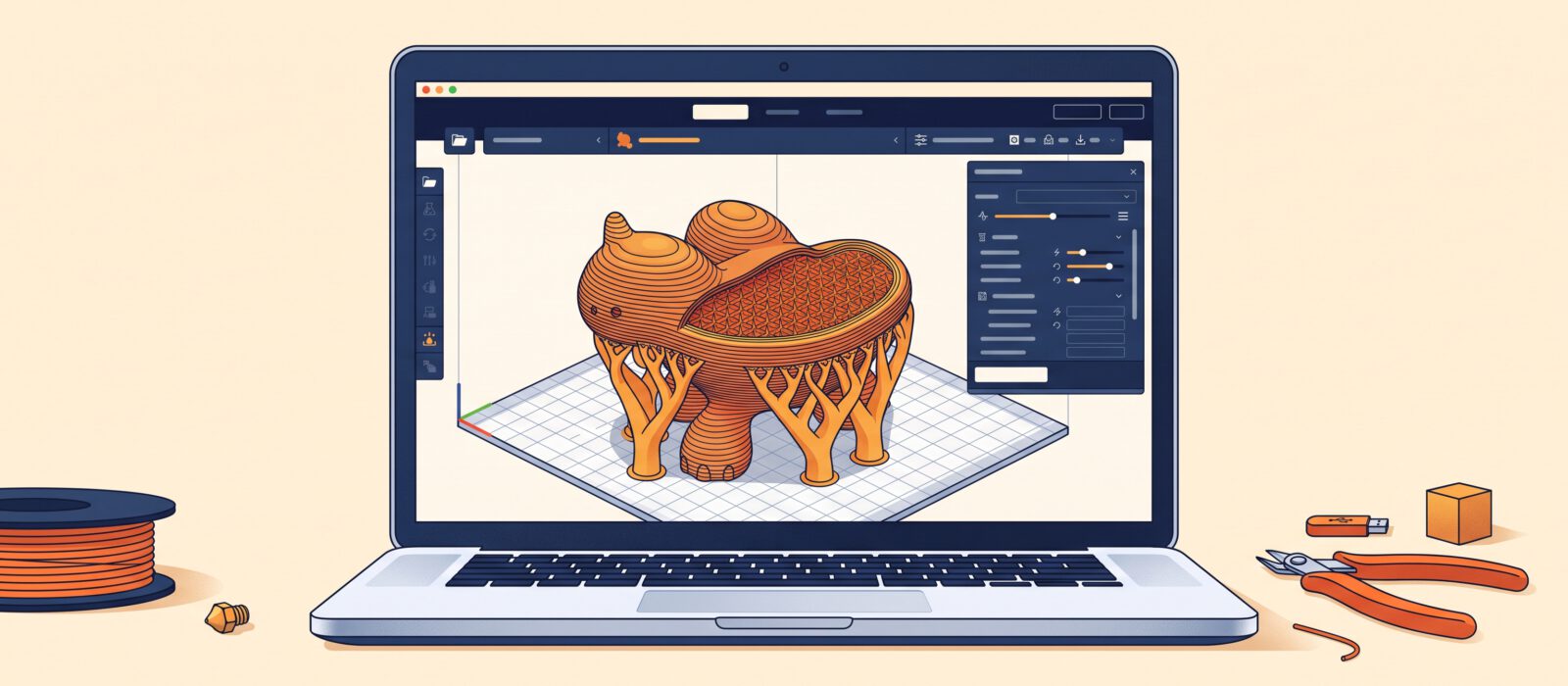 Illustration of slicer software showing a 3D model sliced into layers.