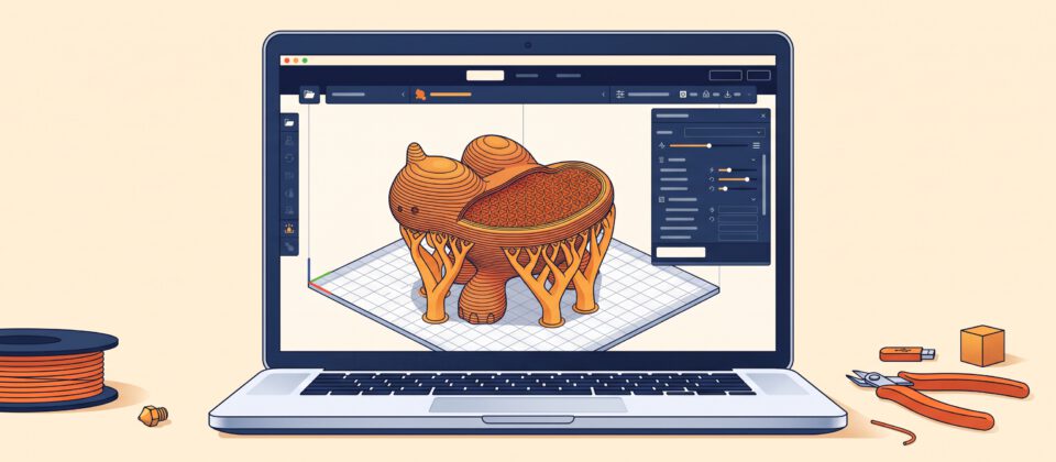 Illustration of slicer software showing a 3D model sliced into layers.
