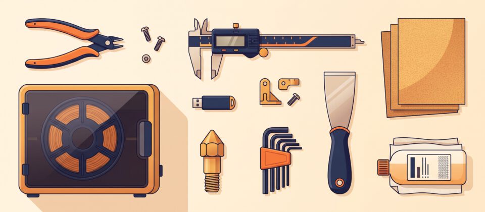 Illustration of 3D printing accessories including a scraper, hex keys, nozzles and filament dryer.