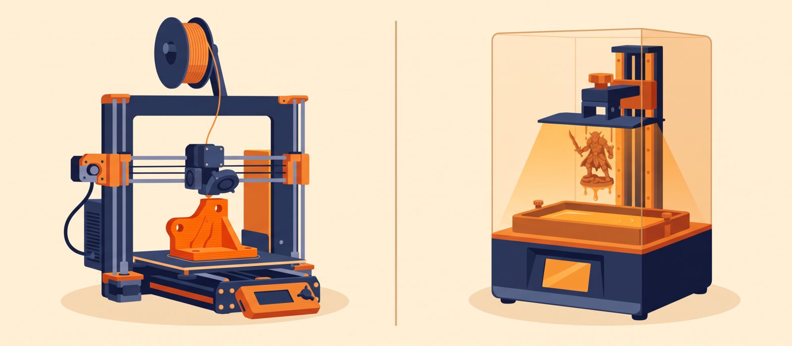 Illustration comparing an FDM filament 3D printer with a resin 3D printer.