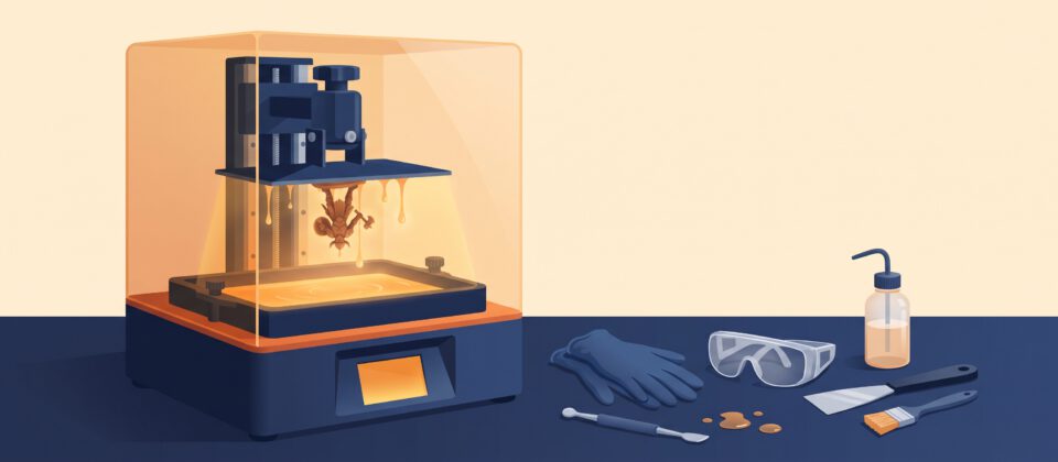 Illustration of a resin 3D printer with gloves, safety glasses and a wash bottle.